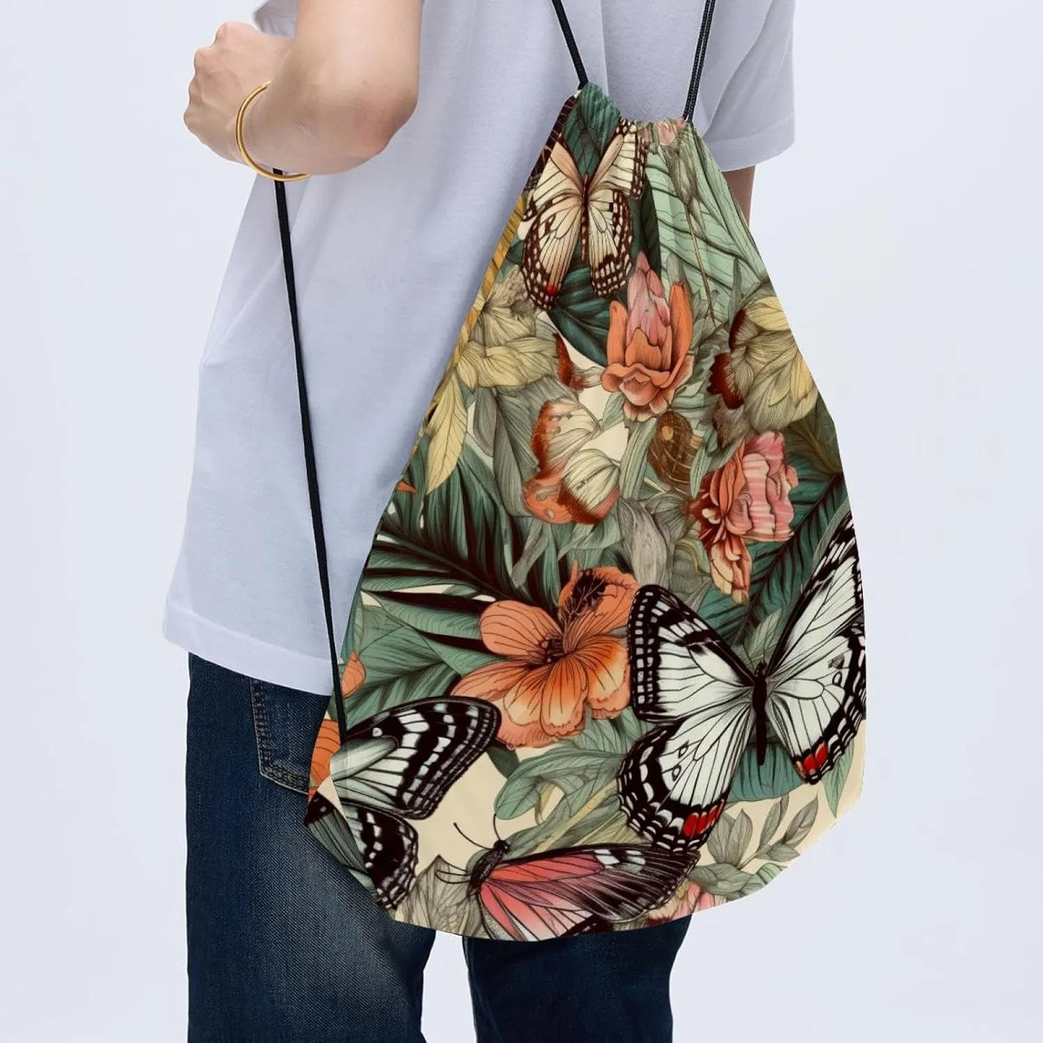 2 Pcs Butterfly Drawstring Backpack Drawstring Gym Bag Draw String Bag for Sports, Gym, Travel, Swimming, Beach