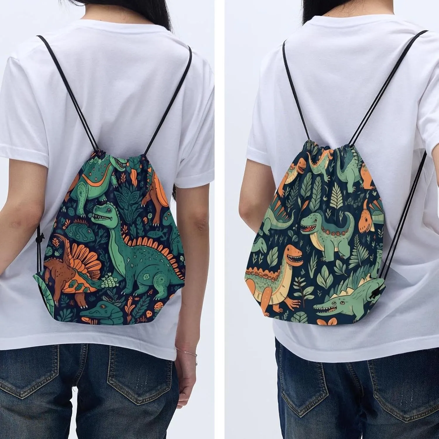 2 Pcs Dinosaur Drawstring Backpack String Bag Sports Sack pack Gym Sack Side Pocket for Men Women