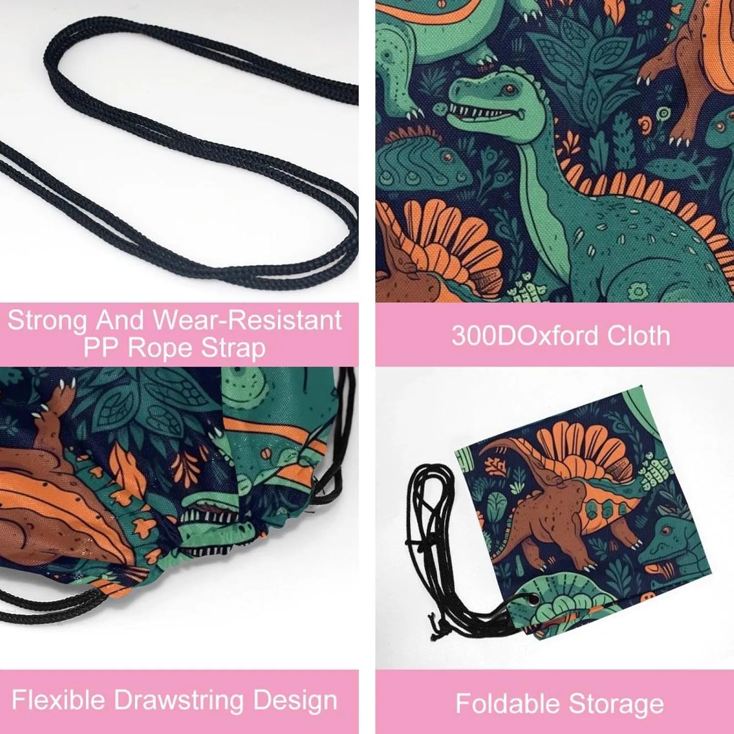 2 Pcs Dinosaur Drawstring Backpack String Bag Sports Sack pack Gym Sack Side Pocket for Men Women