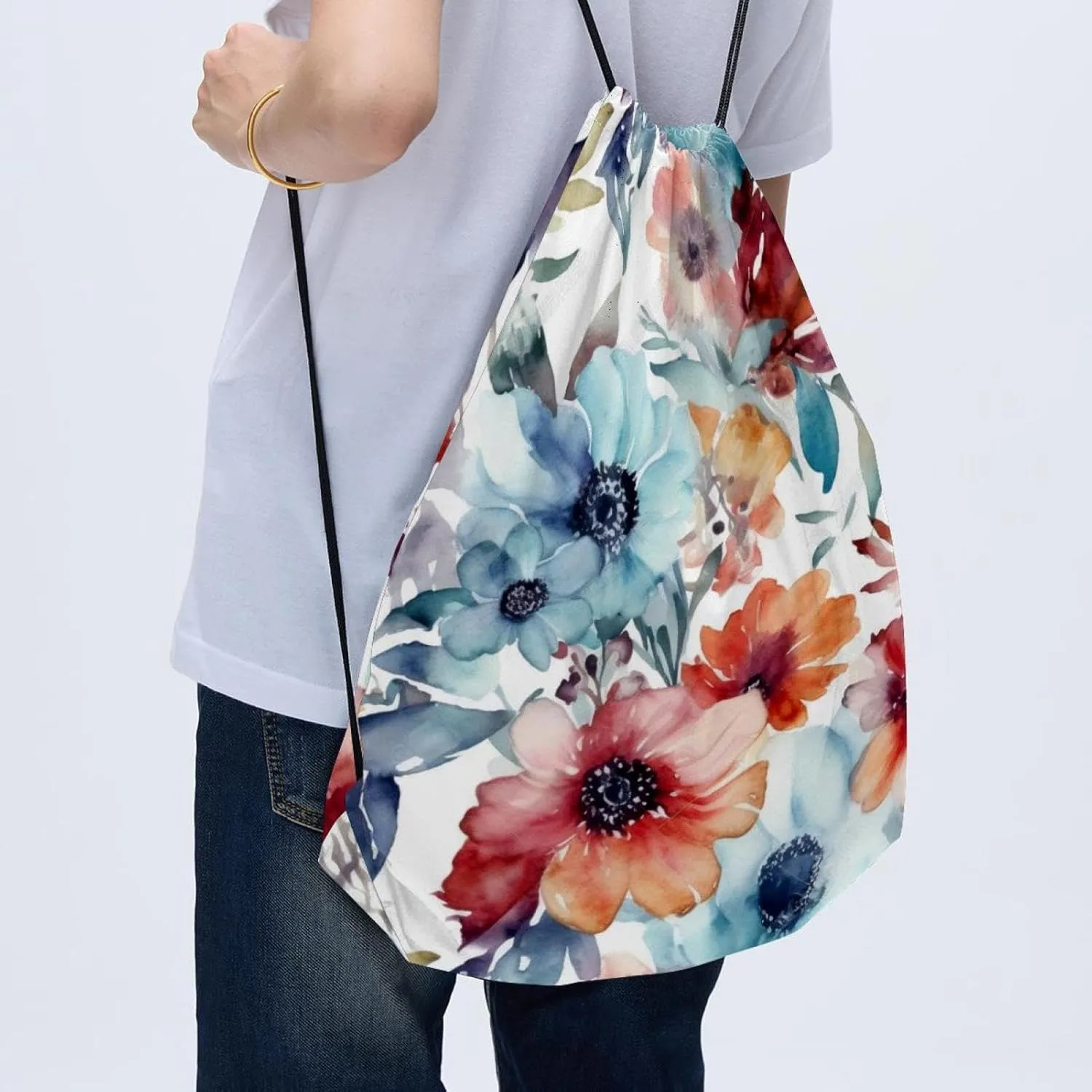 2 Pcs Floral Pattern with Flowers Drawstring Backpack Drawstring Gym Bag Draw String Bag for Sports, Gym, Travel, Swimming, Beach