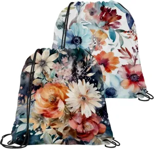 2 Pcs Floral Pattern with Flowers Drawstring Backpack Drawstring Gym Bag Draw String Bag for Sports, Gym, Travel, Swimming, Beach