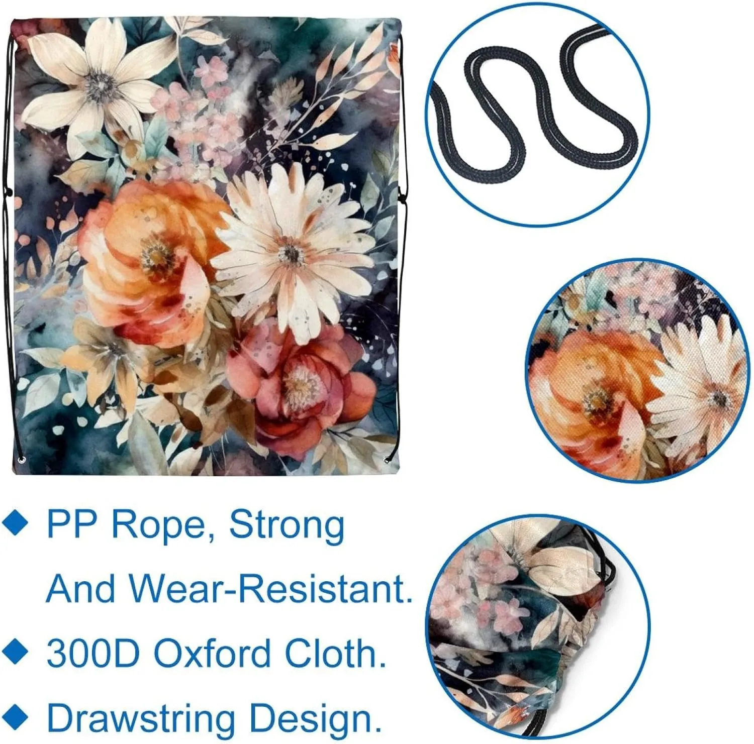 2 Pcs Floral Pattern with Flowers Drawstring Backpack Drawstring Gym Bag Draw String Bag for Sports, Gym, Travel, Swimming, Beach