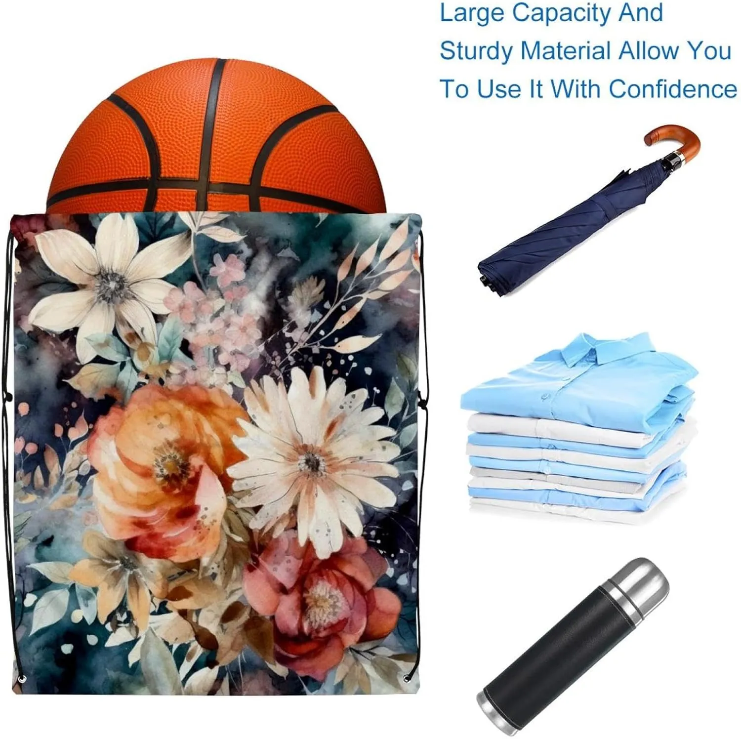 2 Pcs Floral Pattern with Flowers Drawstring Backpack Drawstring Gym Bag Draw String Bag for Sports, Gym, Travel, Swimming, Beach