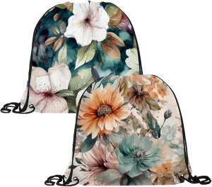 2 Pcs Floral Pattern with Flowers Drawstring Backpack String Bag Sports Sack pack Gym Sack Side Pocket for Men Women