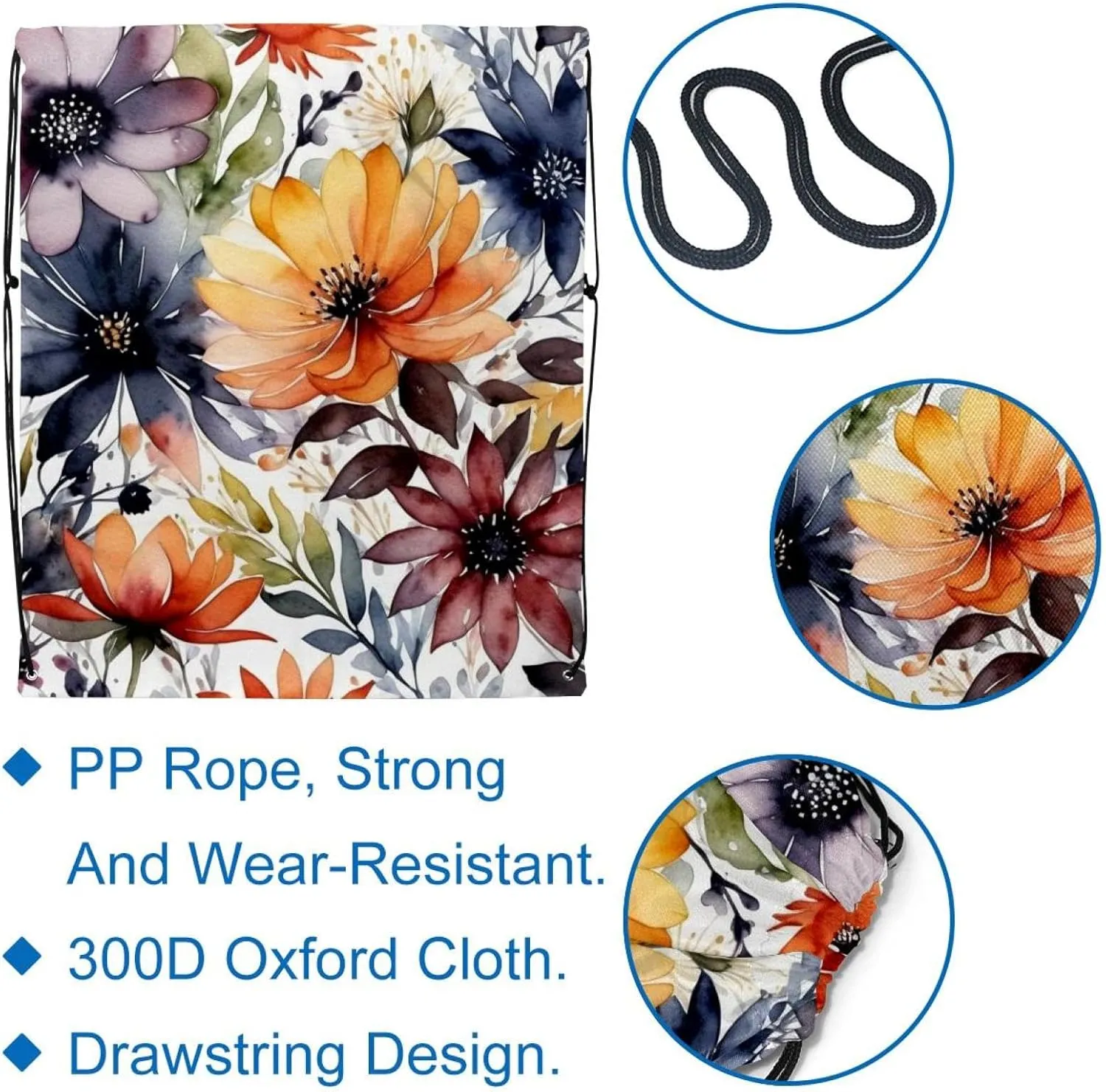 2 Pcs Flowers and Green Leaves Drawstring Backpack String Bag Sports Sack pack Gym Sack Side Pocket for Men Women