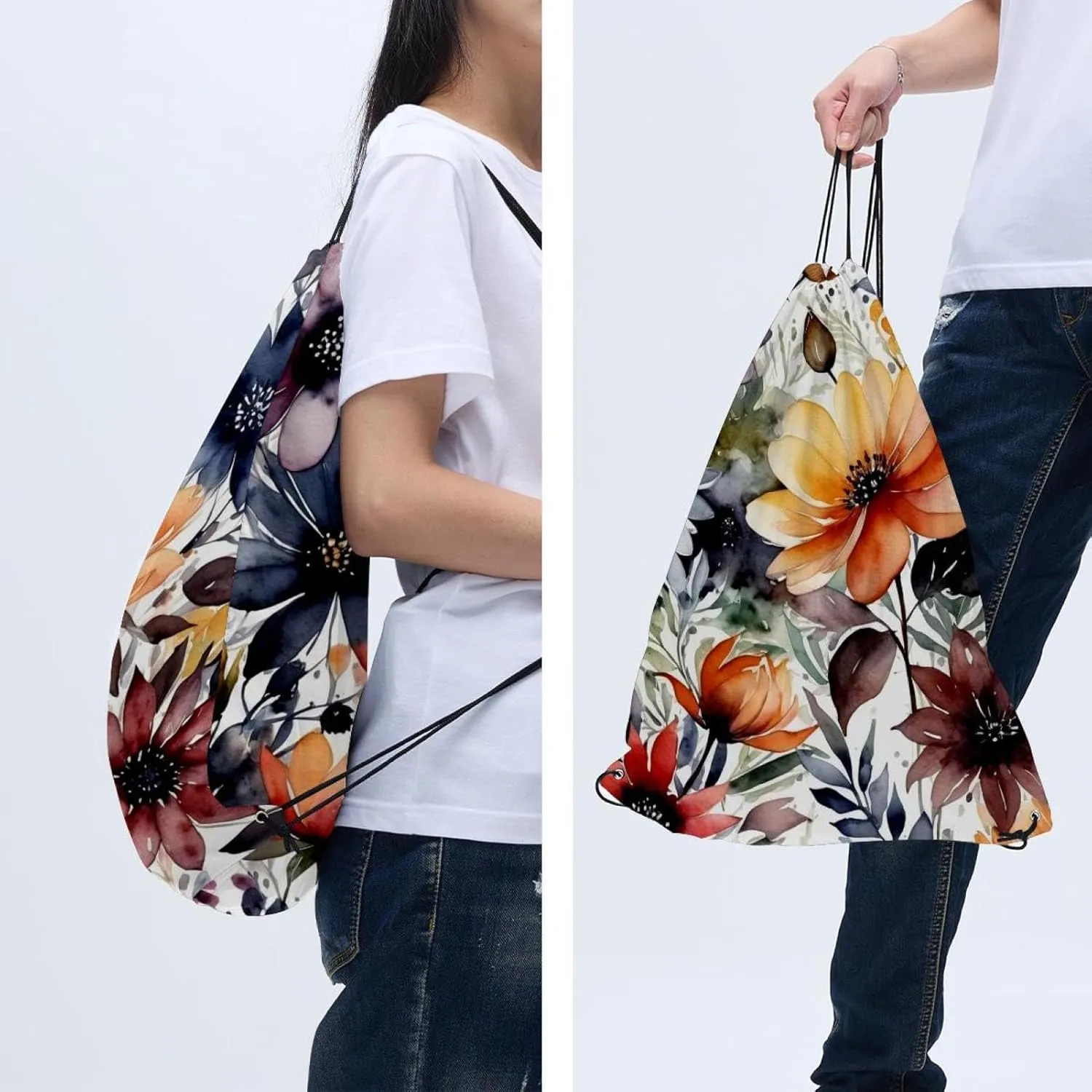 2 Pcs Flowers and Green Leaves Drawstring Backpack String Bag Sports Sack pack Gym Sack Side Pocket for Men Women