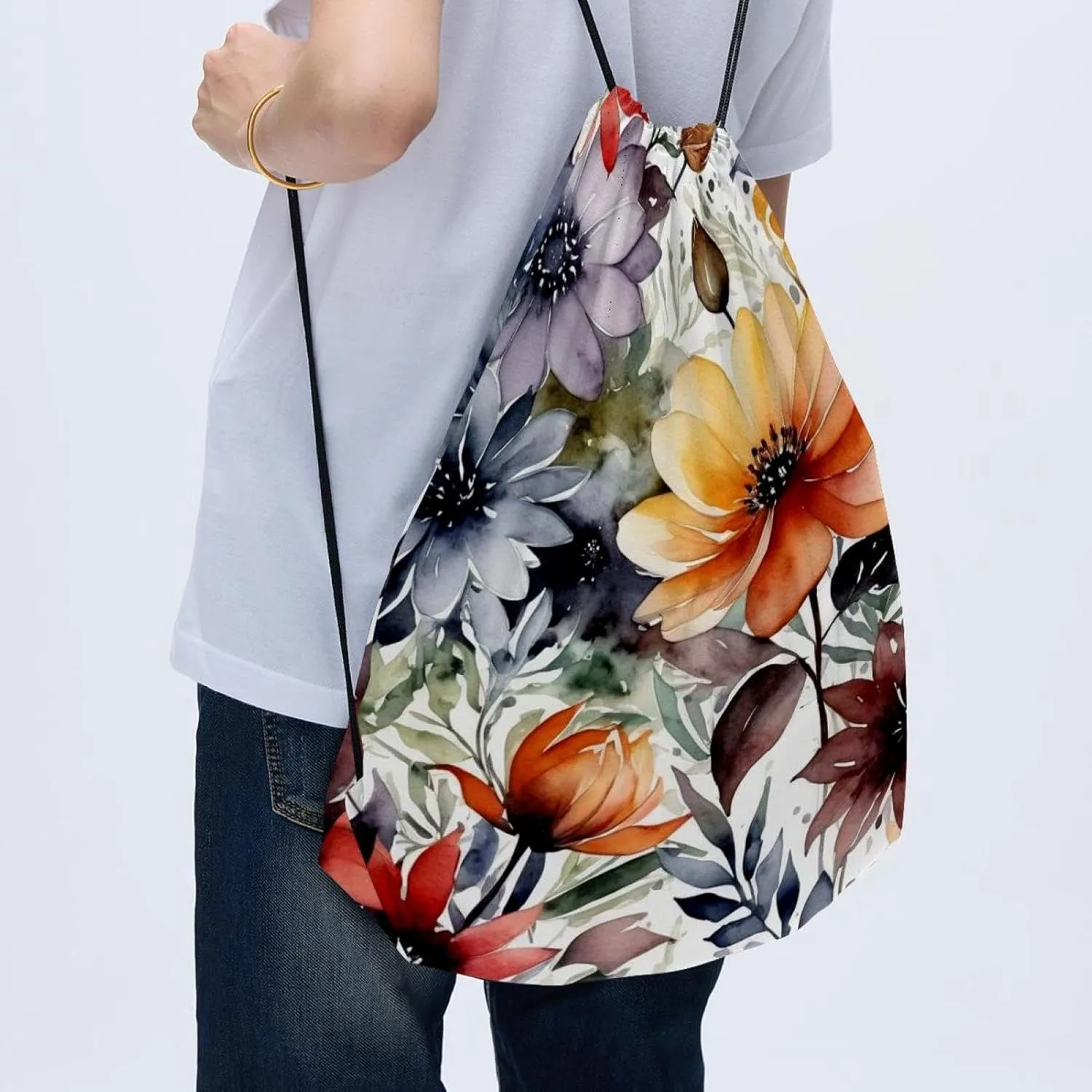 2 Pcs Flowers and Green Leaves Drawstring Backpack String Bag Sports Sack pack Gym Sack Side Pocket for Men Women