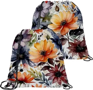 2 Pcs Flowers and Green Leaves Drawstring Backpack String Bag Sports Sack pack Gym Sack Side Pocket for Men Women