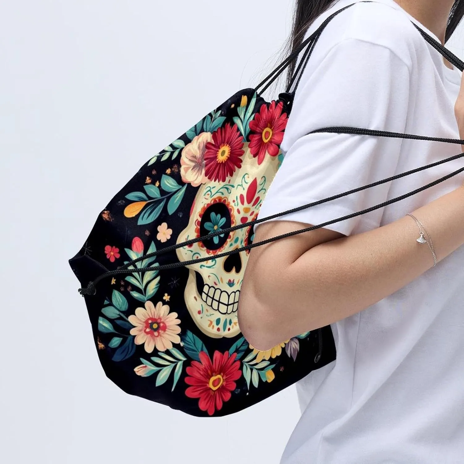 2 Pcs flowers and skull 3 Drawstring Backpack Bag Sport Gym Sack pack