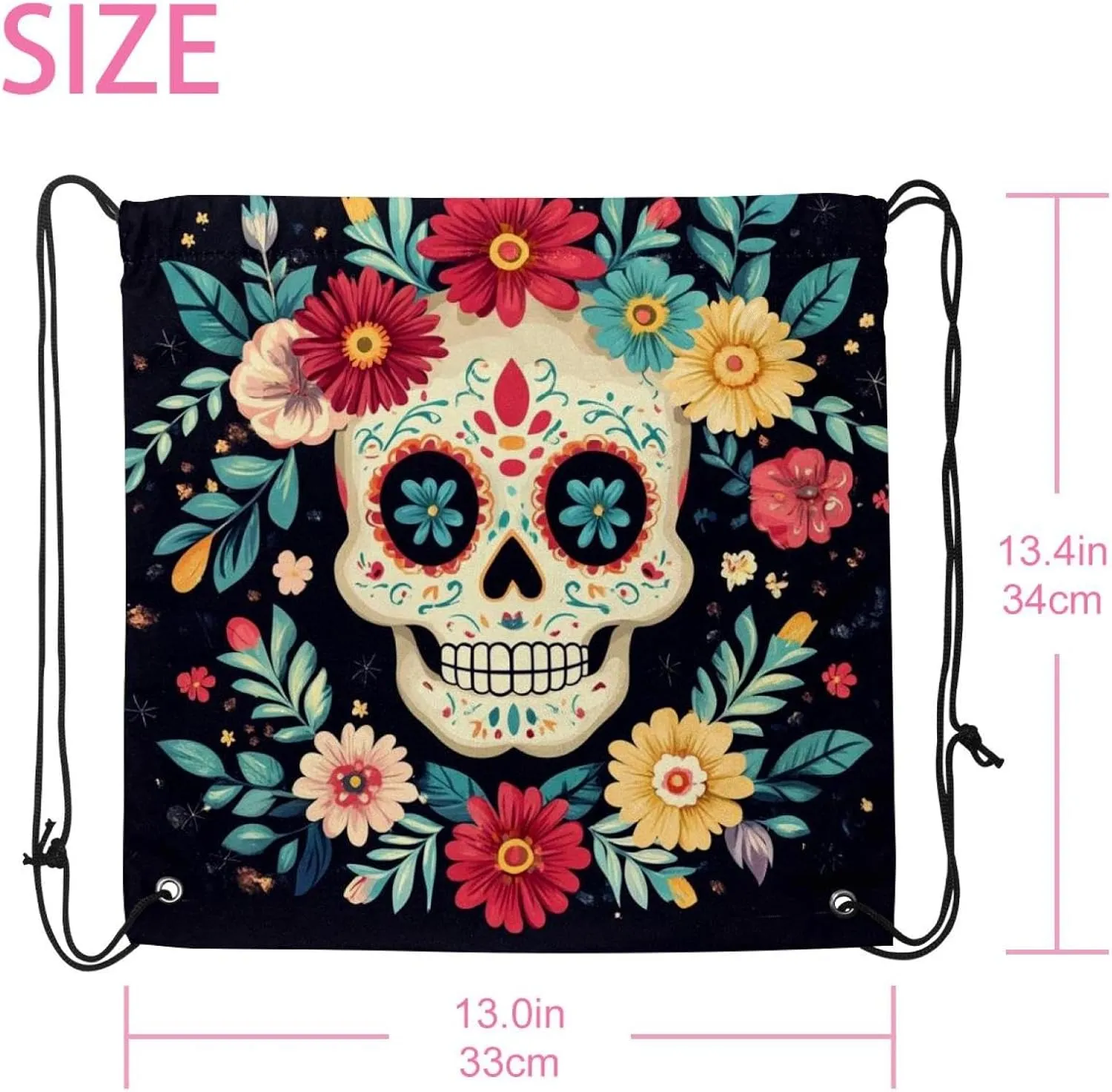 2 Pcs flowers and skull 3 Drawstring Backpack Bag Sport Gym Sack pack