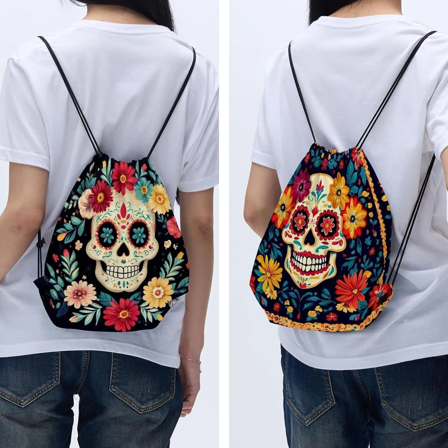 2 Pcs flowers and skull 3 Drawstring Backpack Bag Sport Gym Sack pack