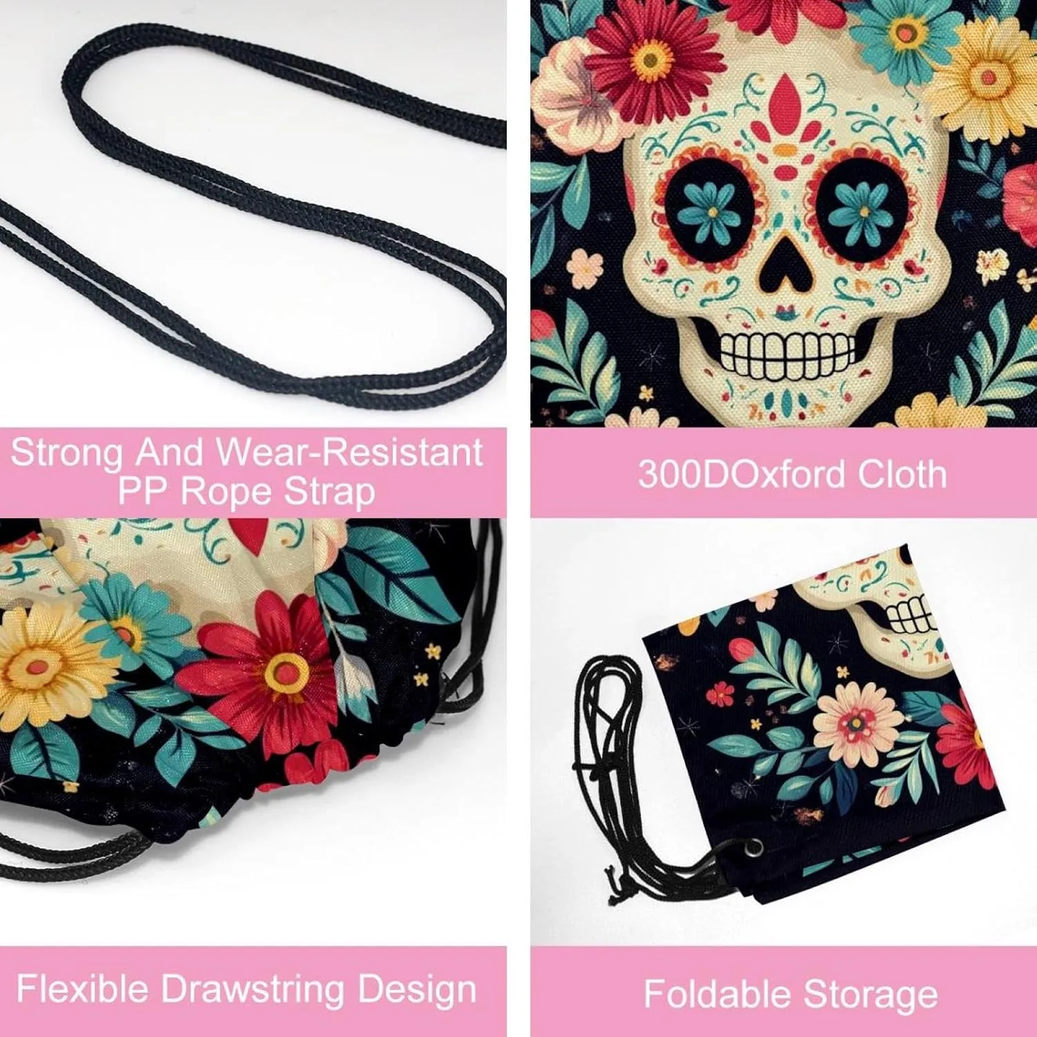 2 Pcs flowers and skull 3 Drawstring Backpack Bag Sport Gym Sack pack