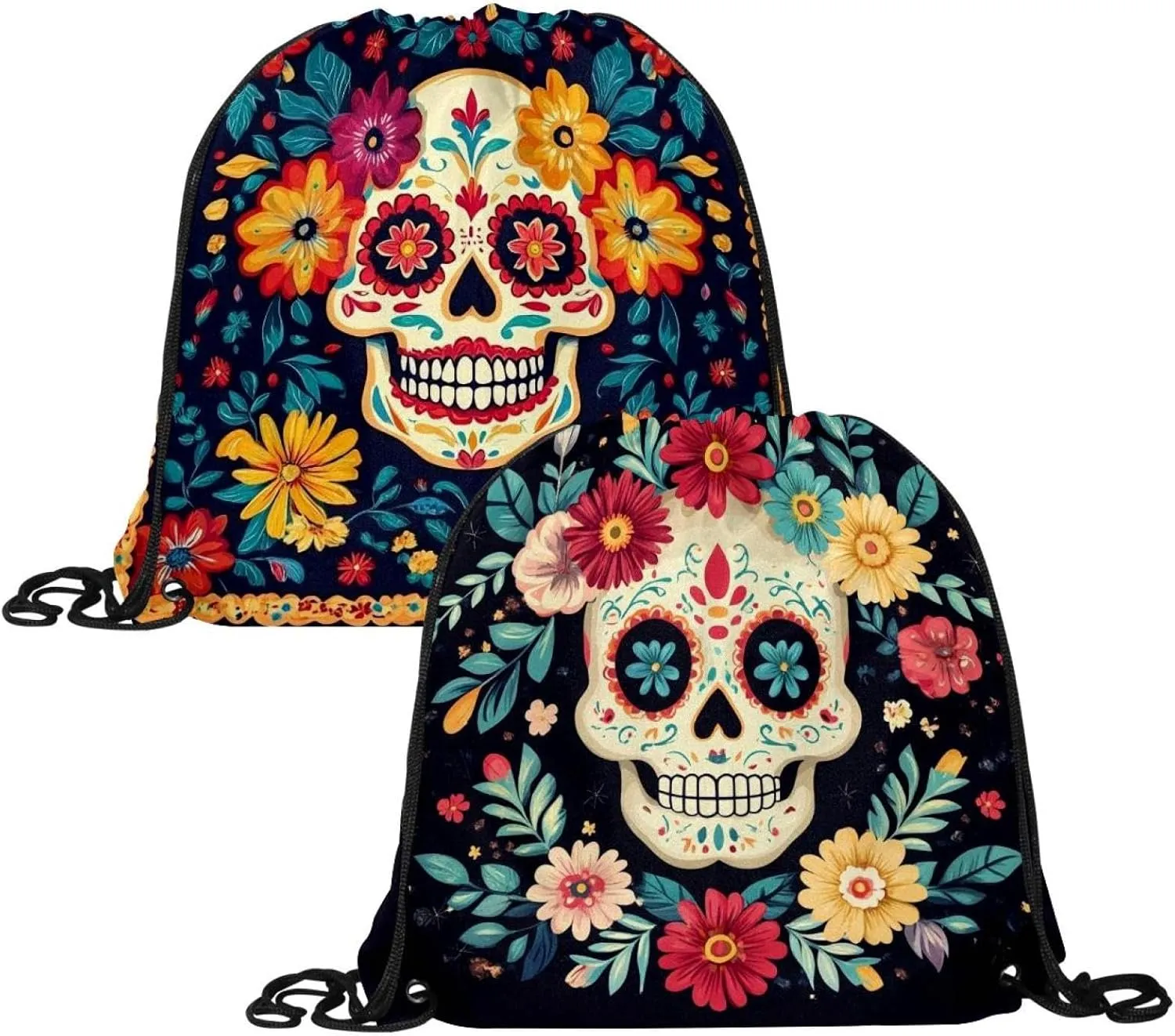 2 Pcs flowers and skull 3 Drawstring Backpack Bag Sport Gym Sack pack