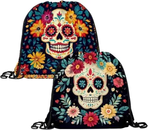 2 Pcs flowers and skull 3 Drawstring Backpack Bag Sport Gym Sack pack
