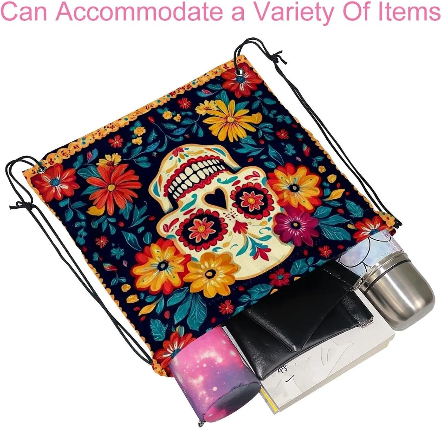 2 Pcs flowers and skull 3 Drawstring Backpack Bag Sport Gym Sack pack