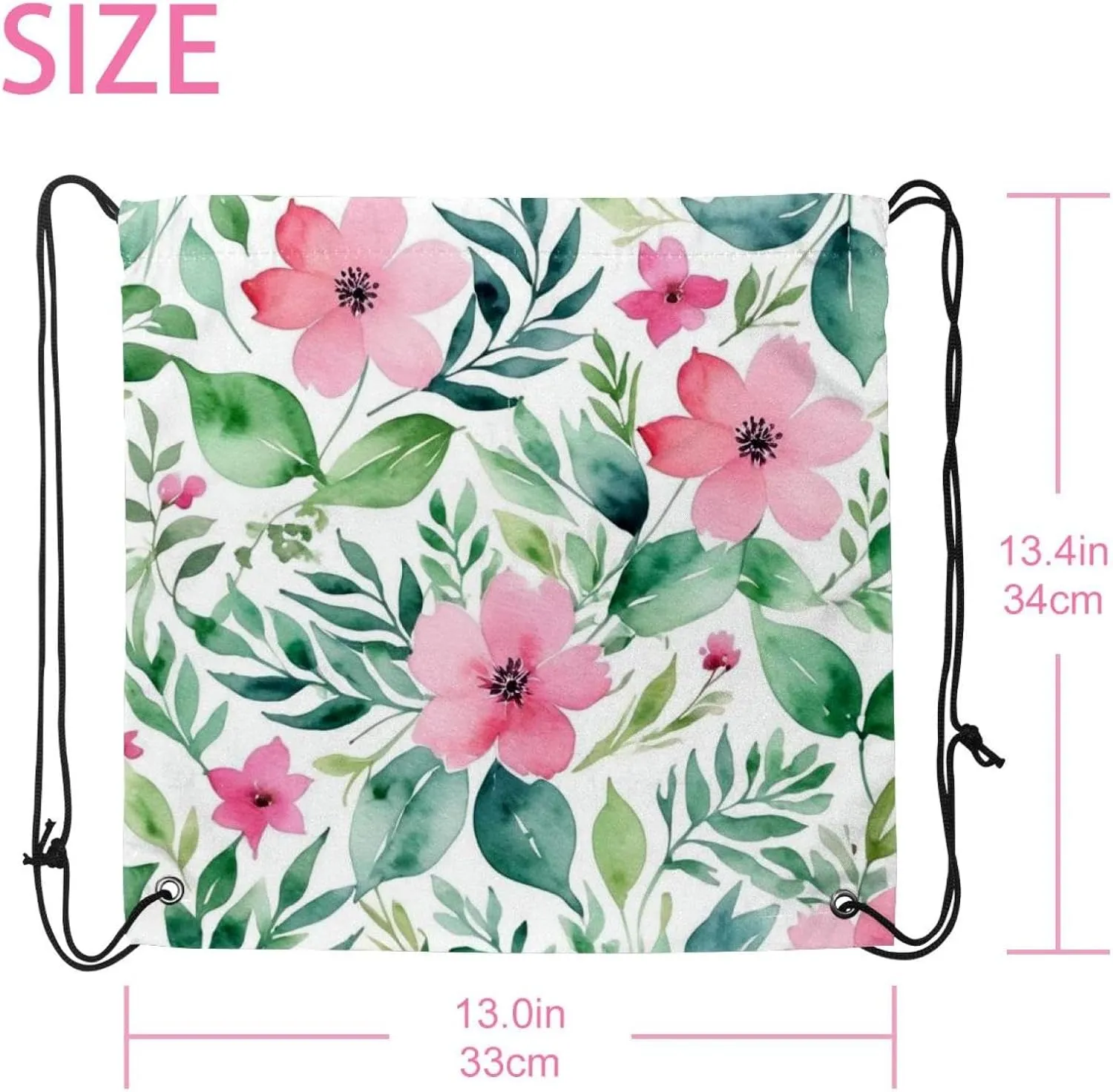 2 Pcs Pink Flowers with Leaves Drawstring Backpack String Bag Sports Sack pack Gym Sack Side Pocket for Men Women