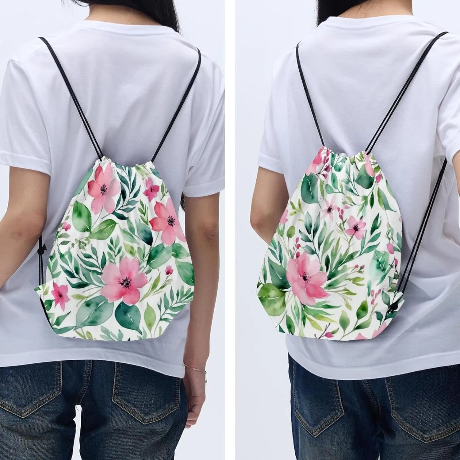 2 Pcs Pink Flowers with Leaves Drawstring Backpack String Bag Sports Sack pack Gym Sack Side Pocket for Men Women