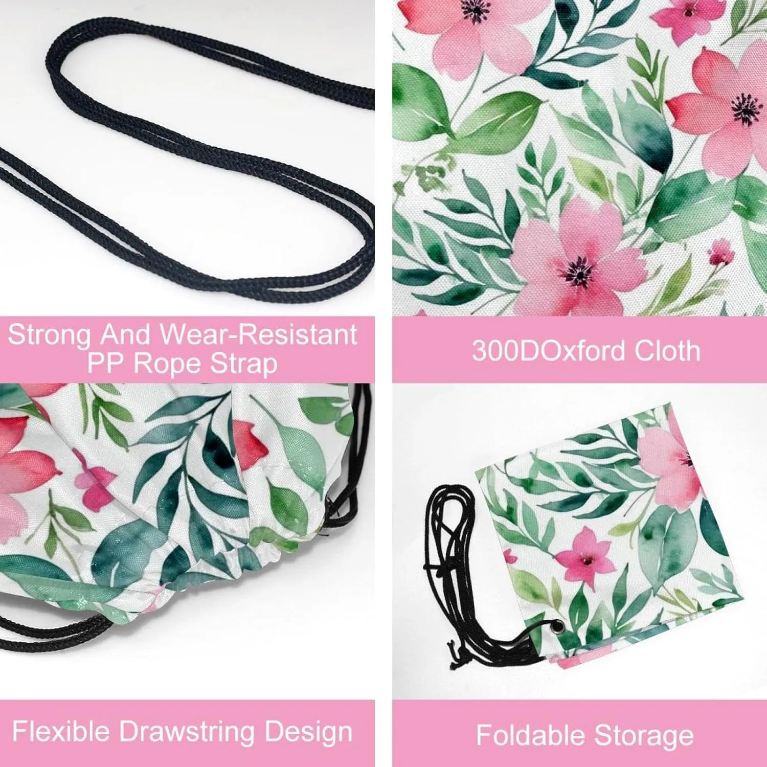 2 Pcs Pink Flowers with Leaves Drawstring Backpack String Bag Sports Sack pack Gym Sack Side Pocket for Men Women