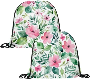 2 Pcs Pink Flowers with Leaves Drawstring Backpack String Bag Sports Sack pack Gym Sack Side Pocket for Men Women