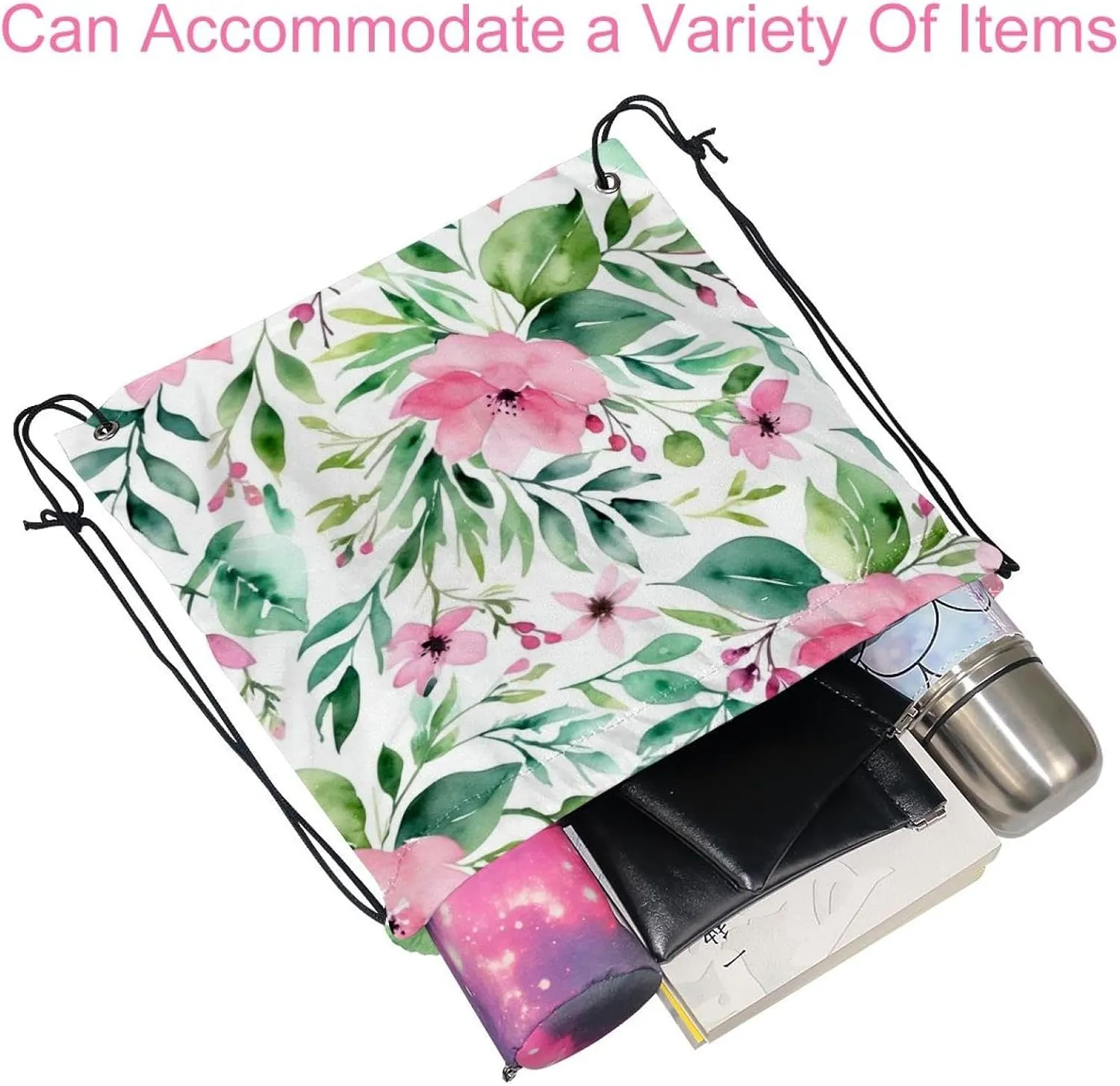 2 Pcs Pink Flowers with Leaves Drawstring Backpack String Bag Sports Sack pack Gym Sack Side Pocket for Men Women