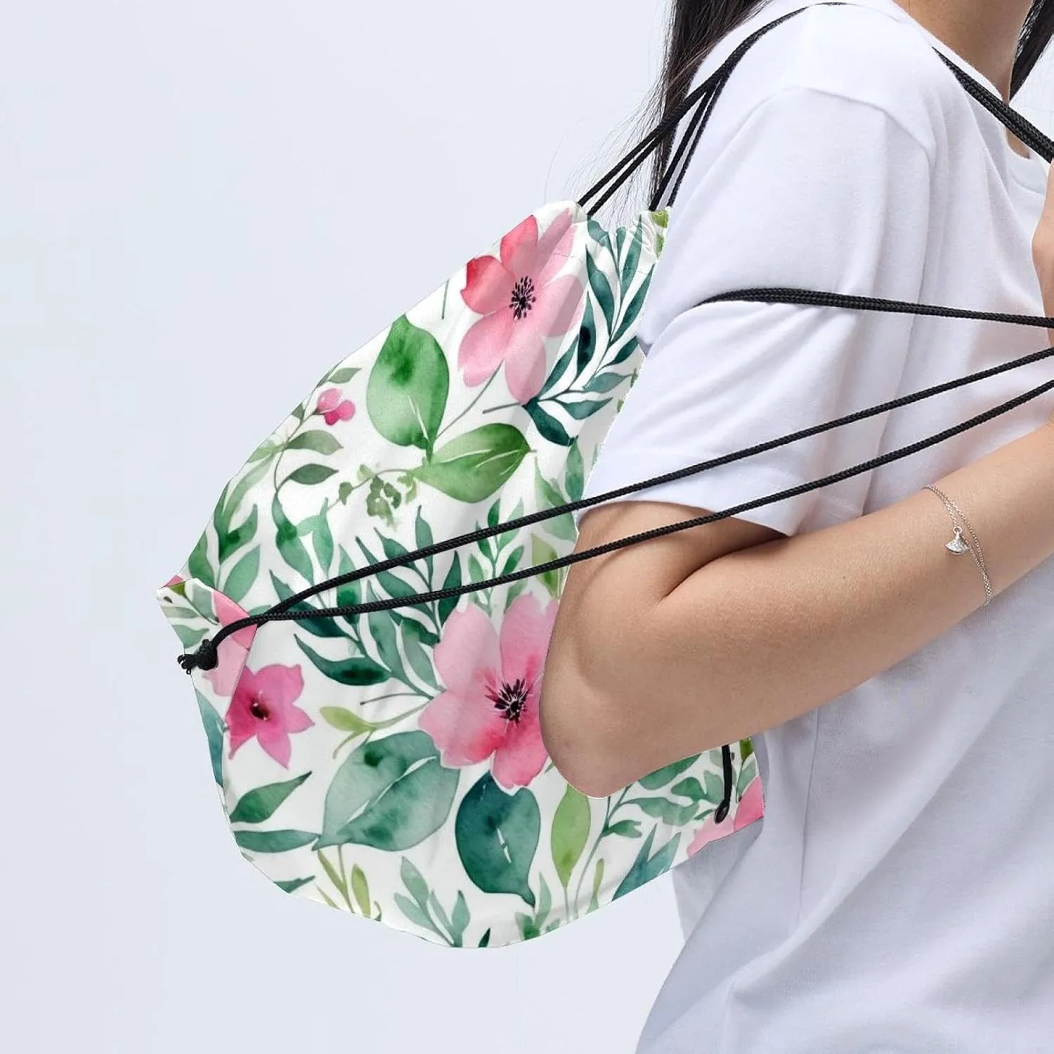 2 Pcs Pink Flowers with Leaves Drawstring Backpack String Bag Sports Sack pack Gym Sack Side Pocket for Men Women