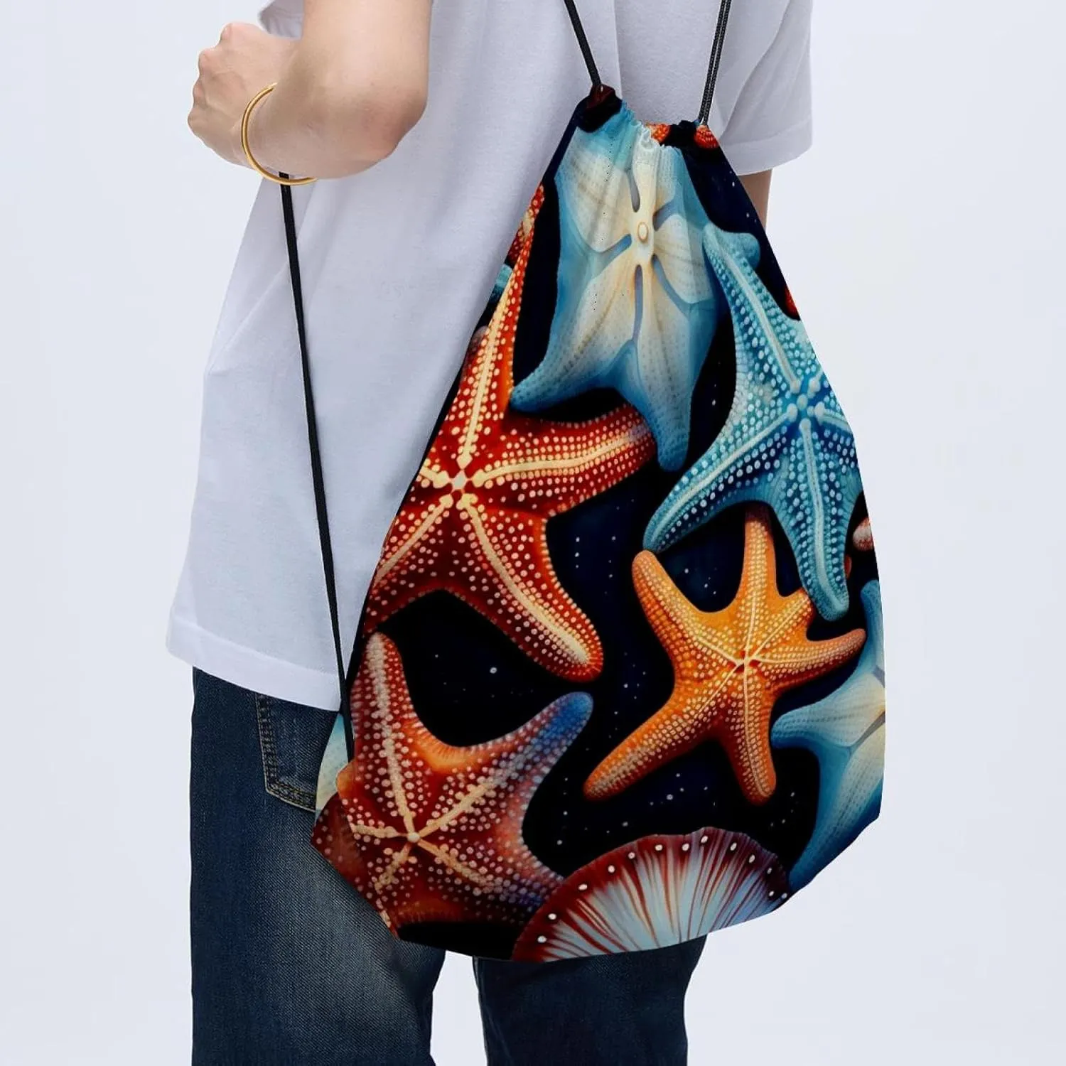 2 Pcs Starfish Drawstring Backpack String Bag Sports Sack pack Gym Sack Side Pocket for Men Women
