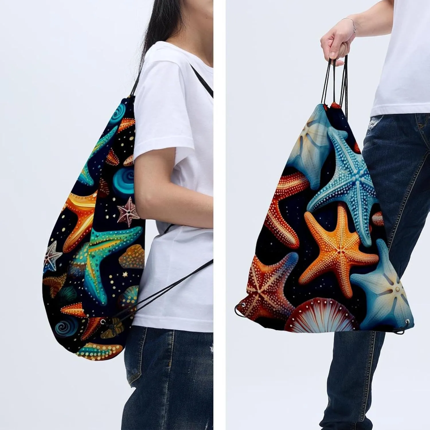 2 Pcs Starfish Drawstring Backpack String Bag Sports Sack pack Gym Sack Side Pocket for Men Women