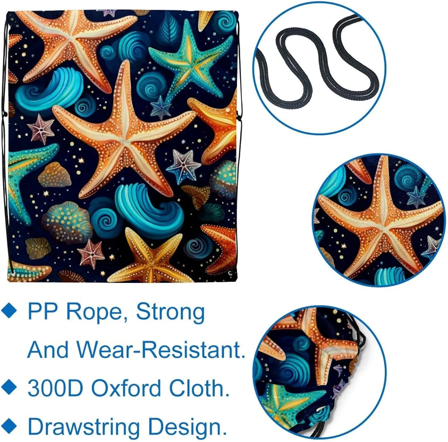 2 Pcs Starfish Drawstring Backpack String Bag Sports Sack pack Gym Sack Side Pocket for Men Women