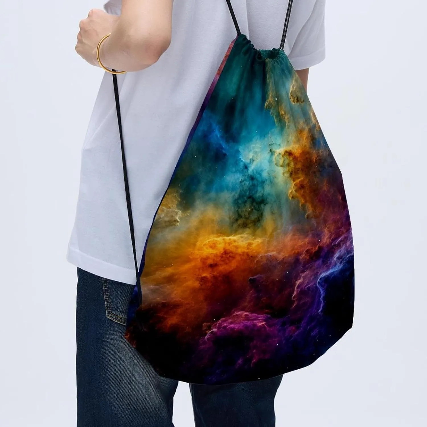 2 Pcs Stars Nebula Drawstring Backpack Sports Gym Sack pack String Bag for Women Men