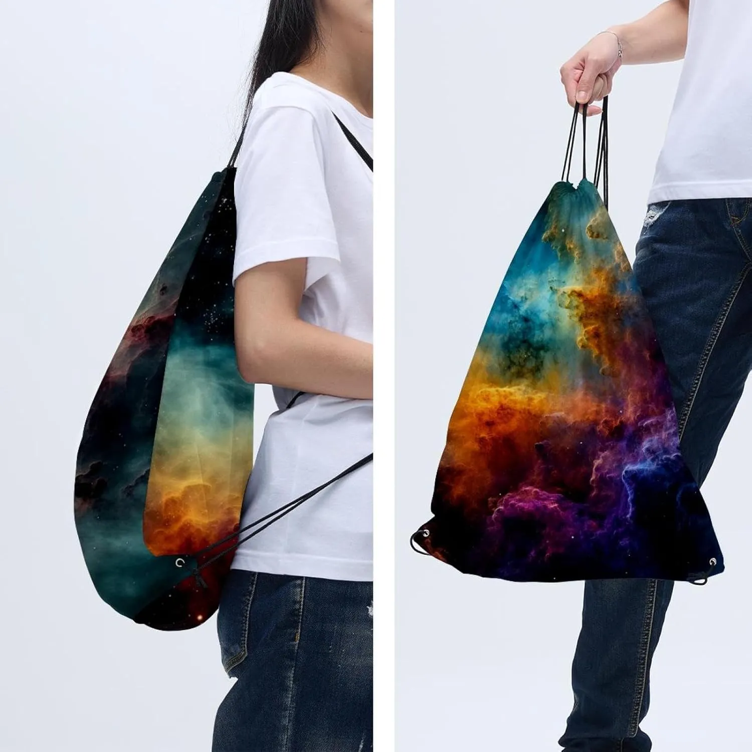 2 Pcs Stars Nebula Drawstring Backpack Sports Gym Sack pack String Bag for Women Men