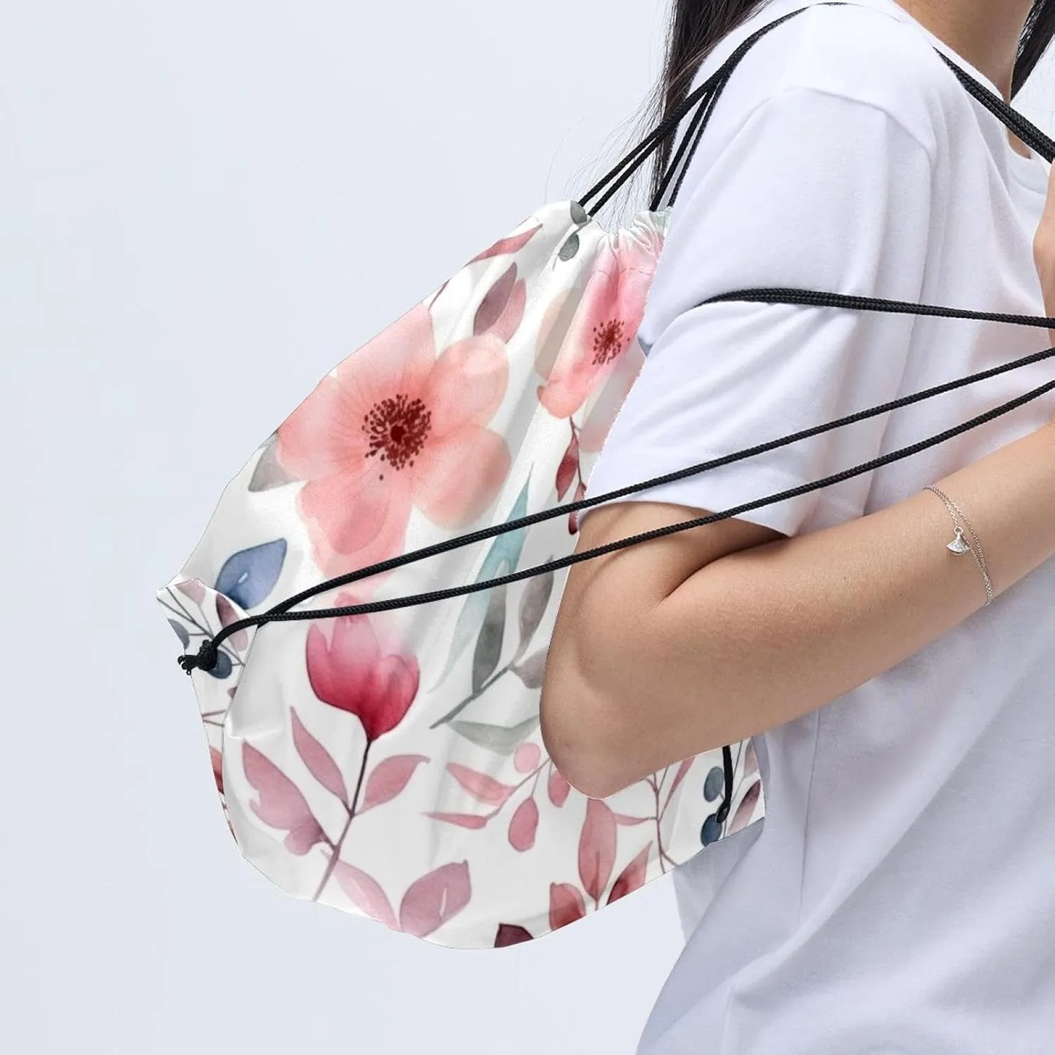 2 Pieces Drawstring Backpacks, Pink Flowers with Leaves Draw String Back Bag Drawstring Bags for Sports, Gym, Travel, Swimming, Beach
