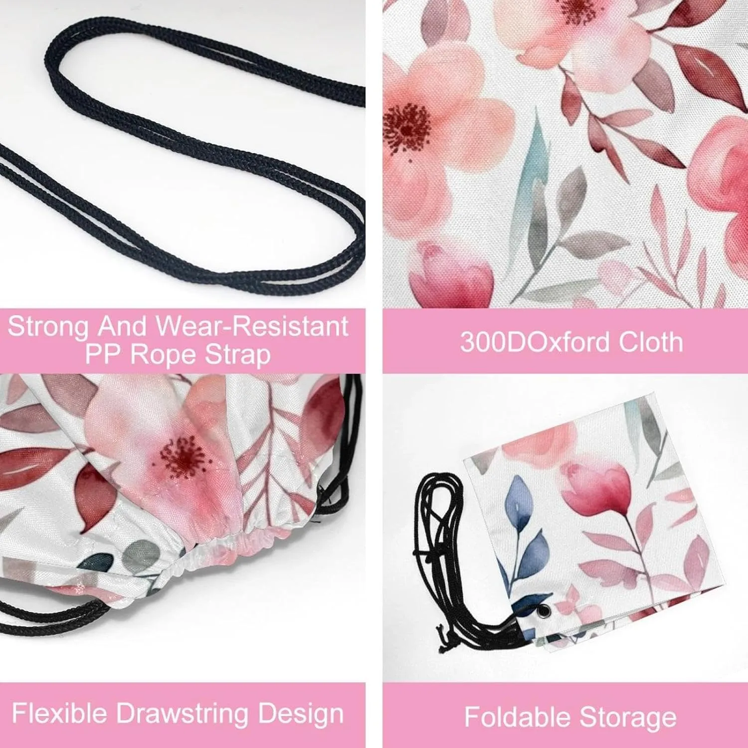 2 Pieces Drawstring Backpacks, Pink Flowers with Leaves Draw String Back Bag Drawstring Bags for Sports, Gym, Travel, Swimming, Beach