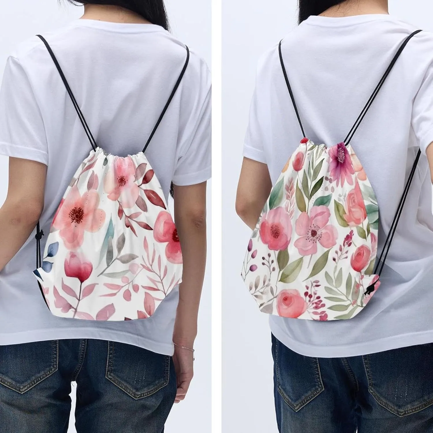 2 Pieces Drawstring Backpacks, Pink Flowers with Leaves Draw String Back Bag Drawstring Bags for Sports, Gym, Travel, Swimming, Beach
