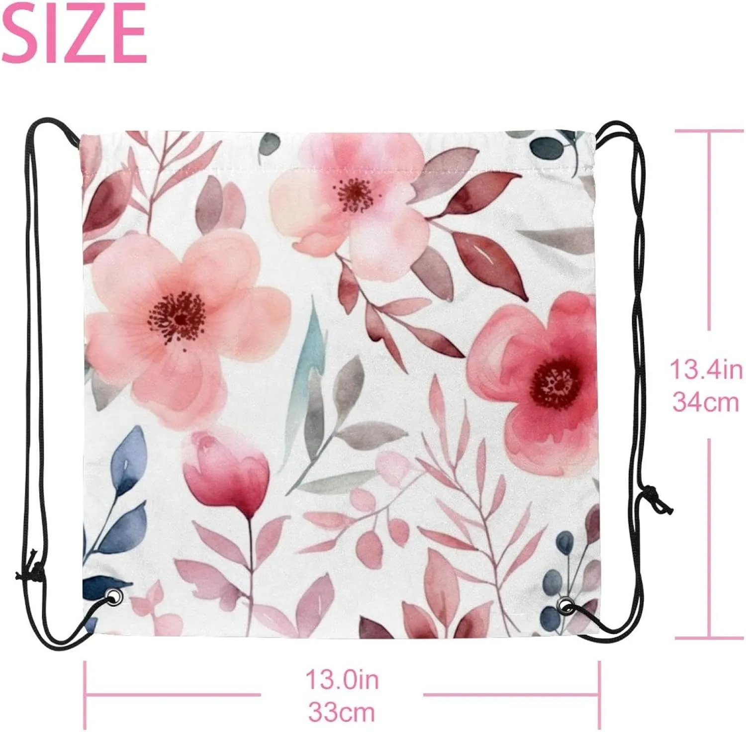 2 Pieces Drawstring Backpacks, Pink Flowers with Leaves Draw String Back Bag Drawstring Bags for Sports, Gym, Travel, Swimming, Beach