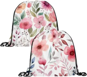 2 Pieces Drawstring Backpacks, Pink Flowers with Leaves Draw String Back Bag Drawstring Bags for Sports, Gym, Travel, Swimming, Beach