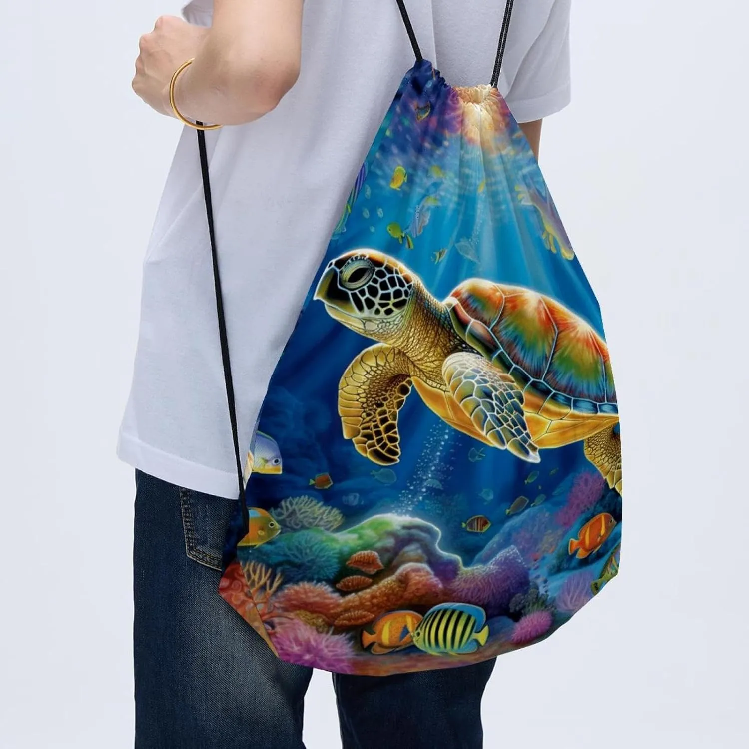 2 Pieces Drawstring Backpacks, Sea Turtle Draw String Back Bag Drawstring Bags for Sports, Gym, Travel, Swimming, Beach