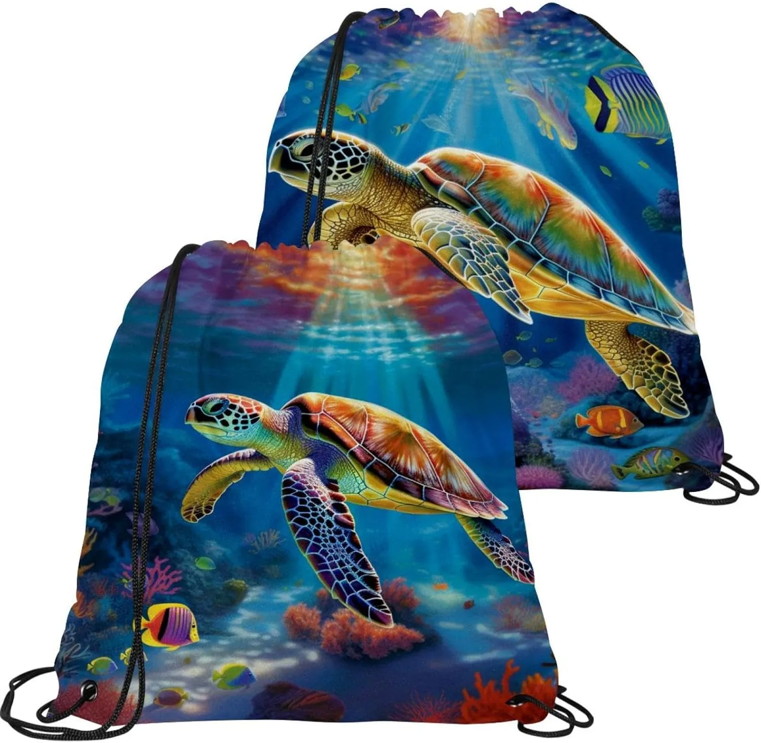 2 Pieces Drawstring Backpacks, Sea Turtle Draw String Back Bag Drawstring Bags for Sports, Gym, Travel, Swimming, Beach