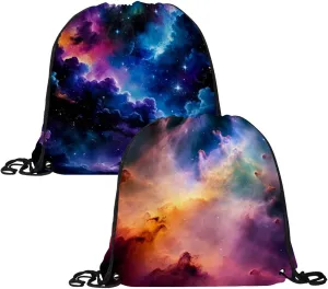 2 Pieces Drawstring Backpacks, Stars Nebula Draw String Back Bag Drawstring Bags for Sports, Gym, Travel, Swimming, Beach