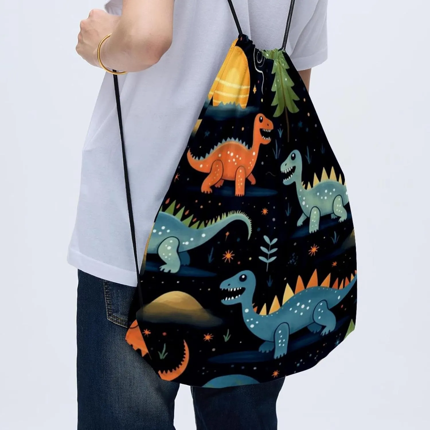 2 Pieces Starry Dinosaur Drawstring Backpack for Party Gym Sport Trip