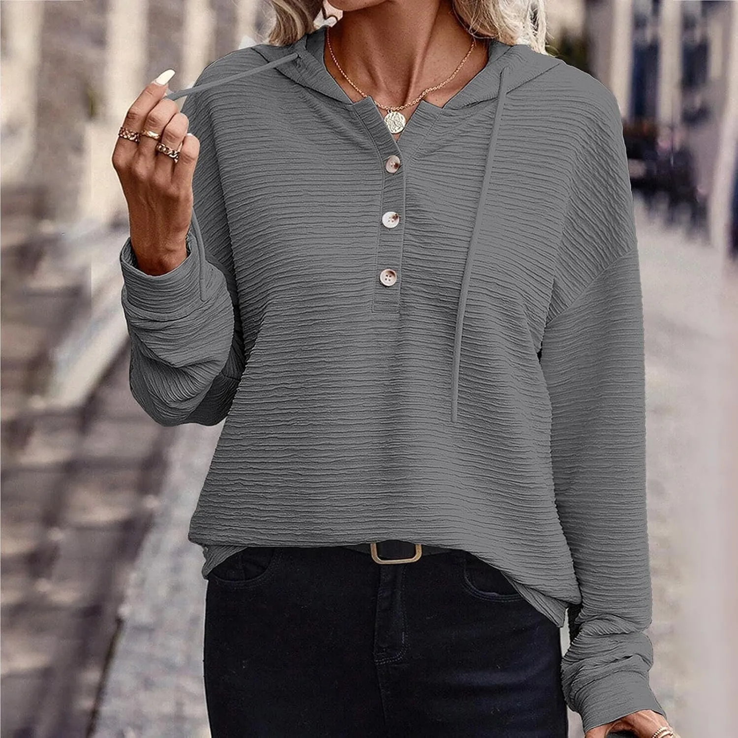 2024 Fall Womens Oversized Hoodies V Neck Solid Color Sweaters Fashion Casual Drawstring Pullover Going Out Clothes