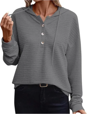2024 Fall Womens Oversized Hoodies V Neck Solid Color Sweaters Fashion Casual Drawstring Pullover Going Out Clothes