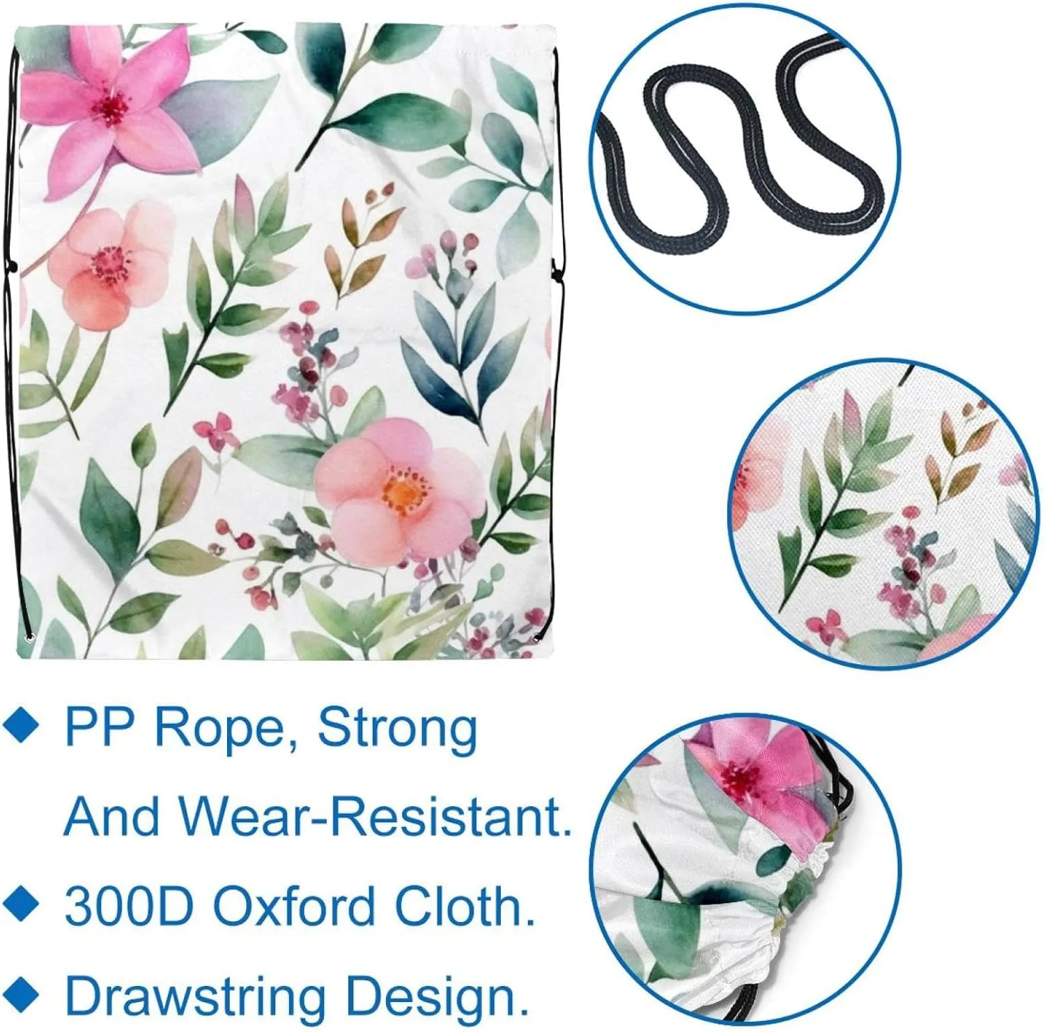 2PCS Pink Flowers with Leaves Draw String Bags Drawstring Backpack for Sports, Gym, Travel, Swimming, Beach