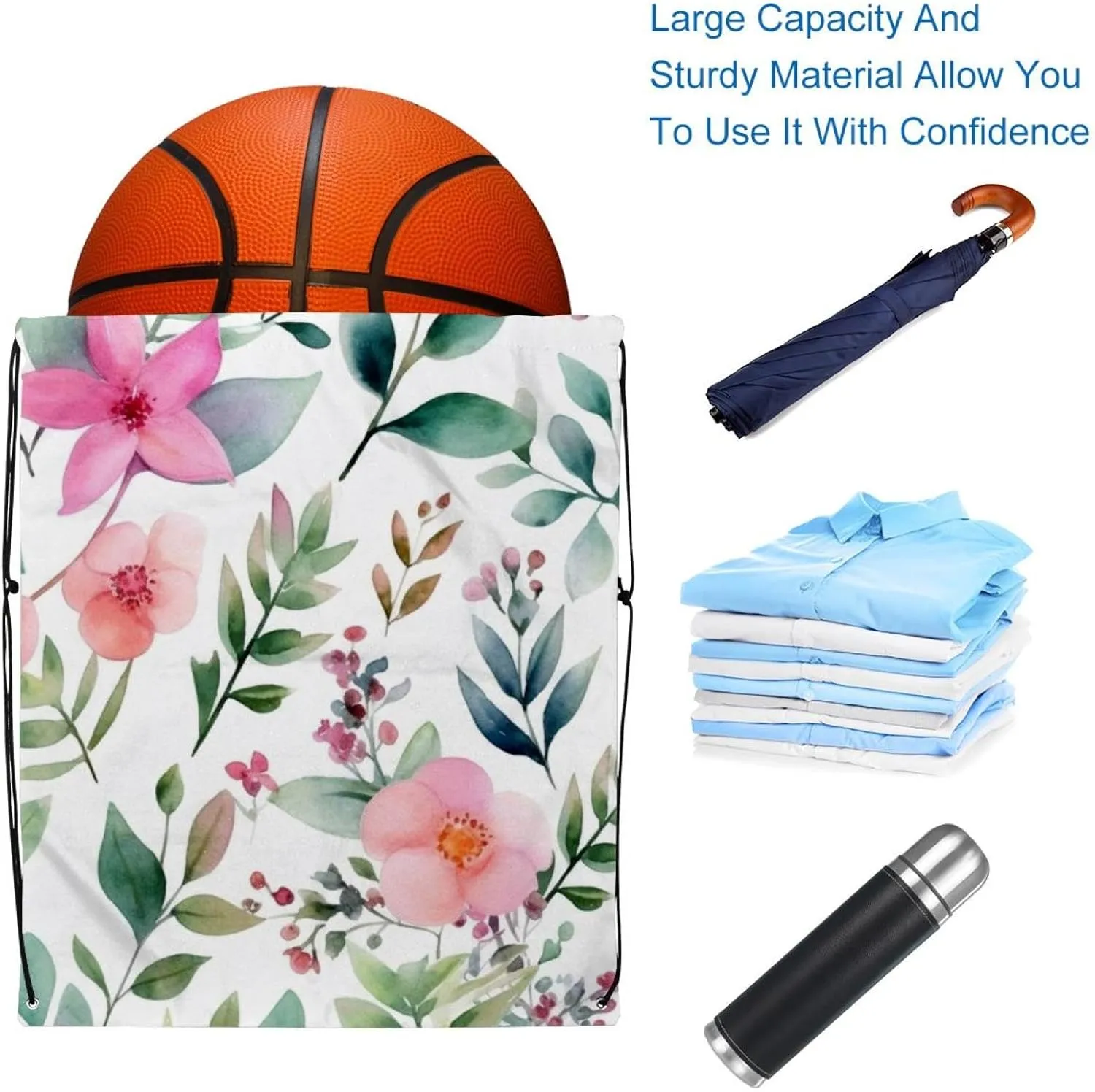 2PCS Pink Flowers with Leaves Draw String Bags Drawstring Backpack for Sports, Gym, Travel, Swimming, Beach