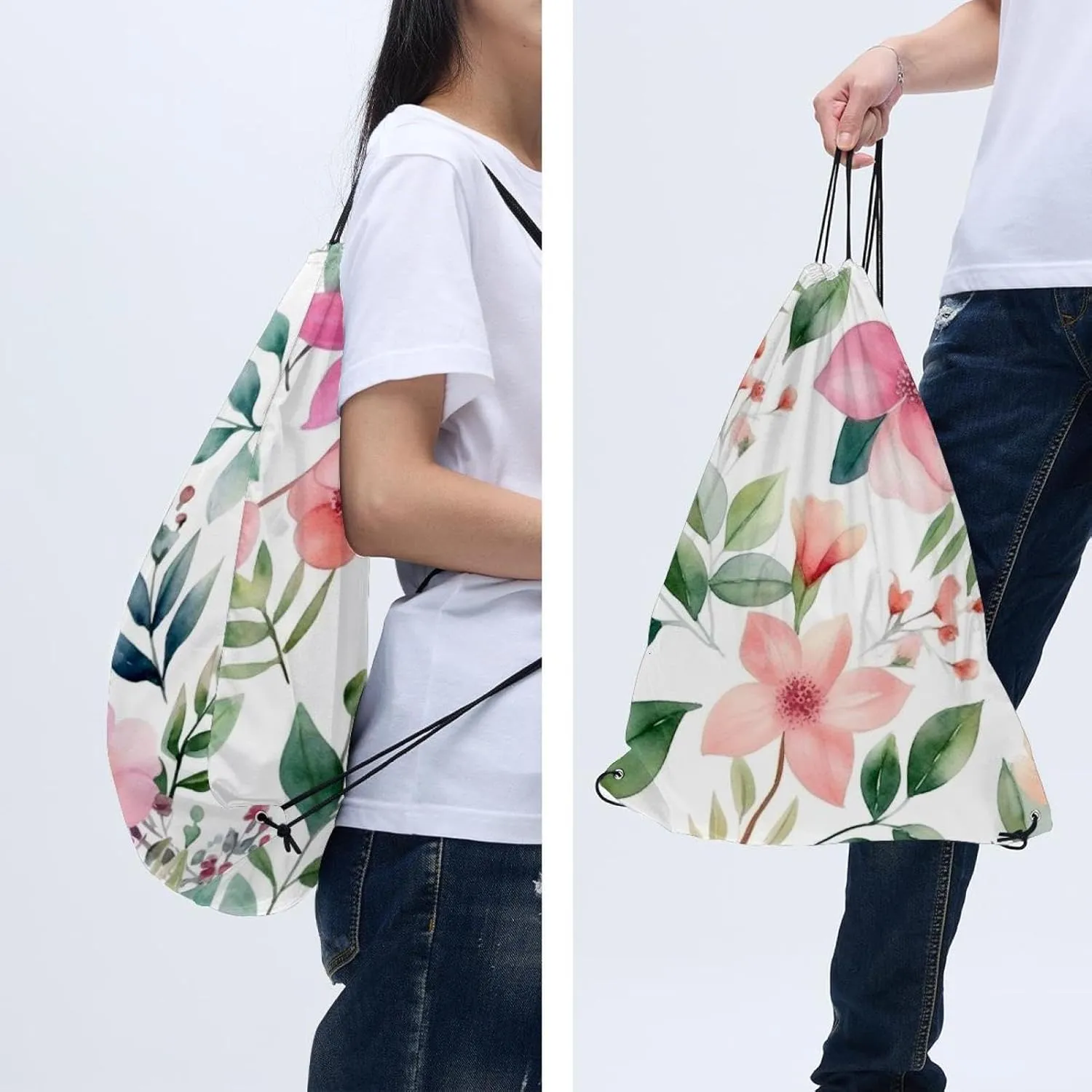 2PCS Pink Flowers with Leaves Draw String Bags Drawstring Backpack for Sports, Gym, Travel, Swimming, Beach