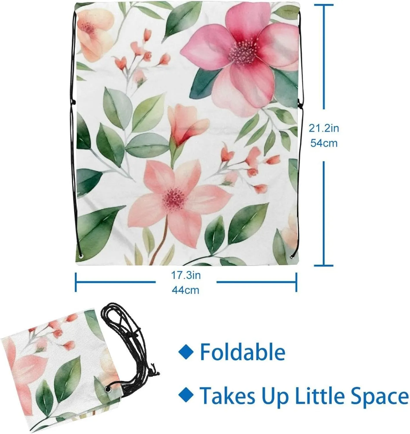 2PCS Pink Flowers with Leaves Draw String Bags Drawstring Backpack for Sports, Gym, Travel, Swimming, Beach