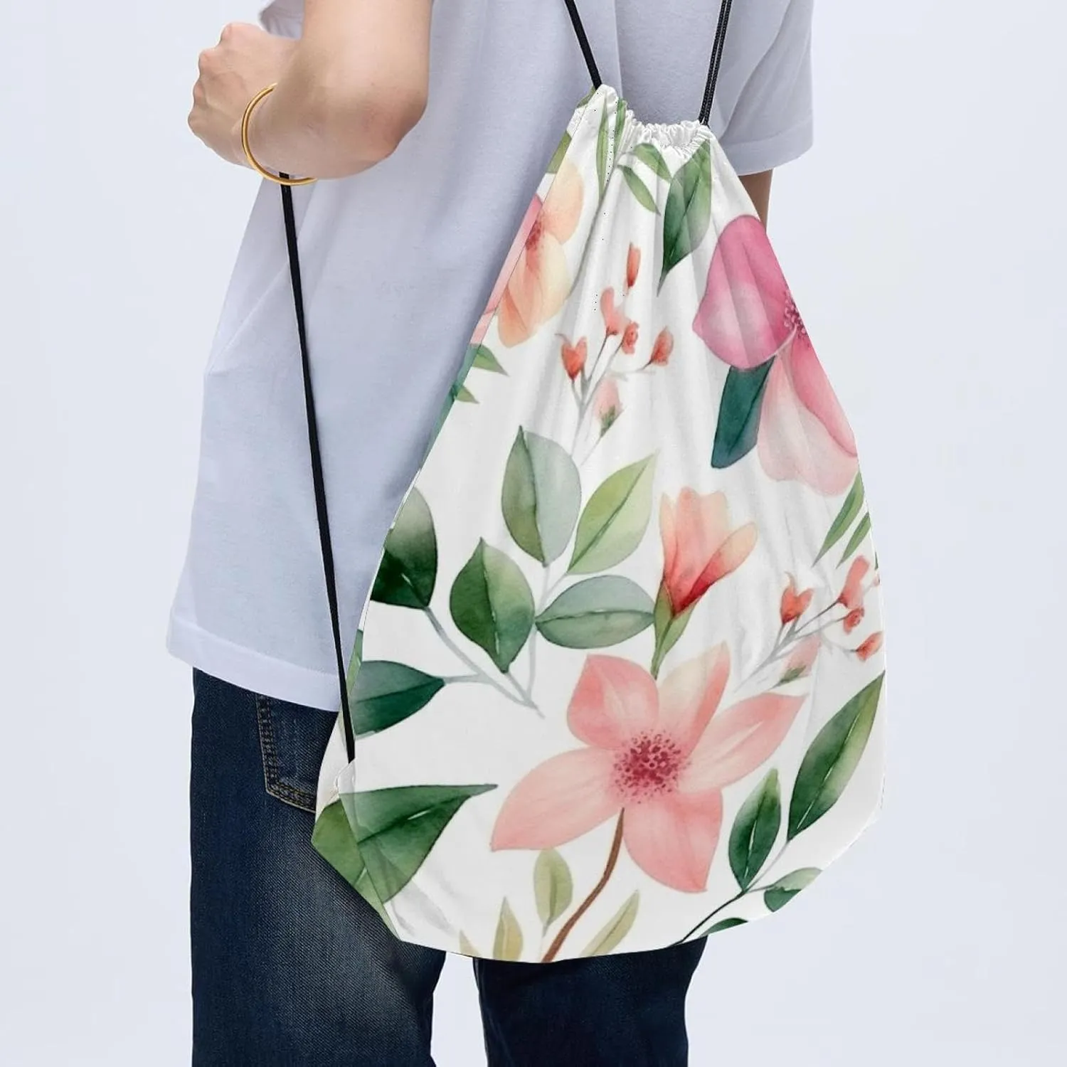 2PCS Pink Flowers with Leaves Draw String Bags Drawstring Backpack for Sports, Gym, Travel, Swimming, Beach