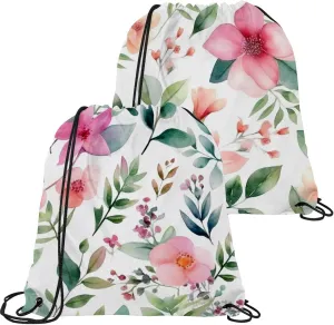 2PCS Pink Flowers with Leaves Draw String Bags Drawstring Backpack for Sports, Gym, Travel, Swimming, Beach