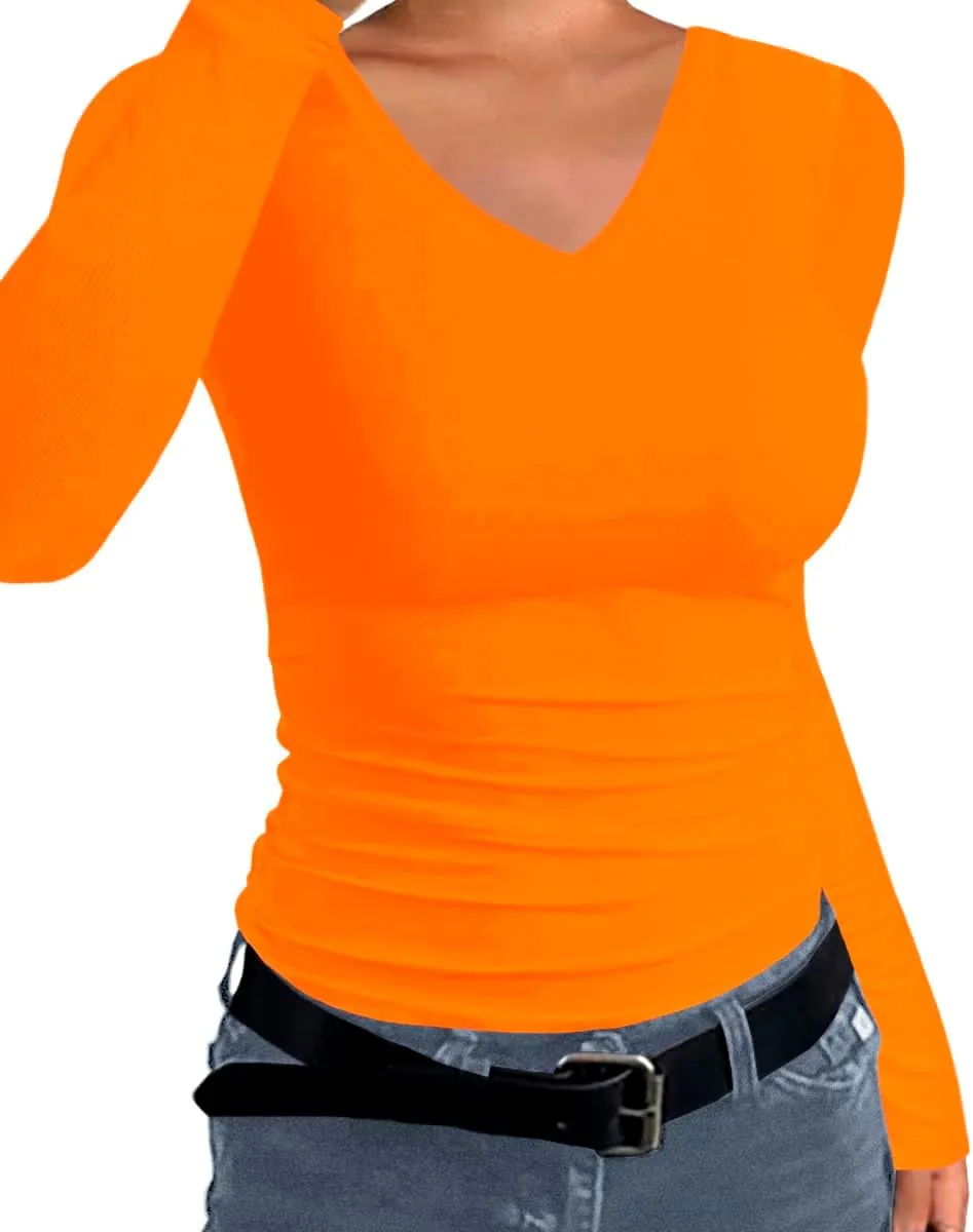 Afibi Women Ribbed Long Sleeve V Neck Slim Fit Stretchy Basic T Shirts Tops