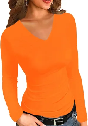 Afibi Women Ribbed Long Sleeve V Neck Slim Fit Stretchy Basic T Shirts Tops