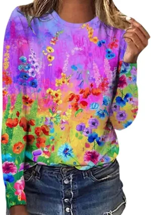 Akivide Women's Oversized Flower Graphic Crewneck Sweatshirt Fall Winter Casual Loose Floral Printed Long Sleeve Sweatshirts